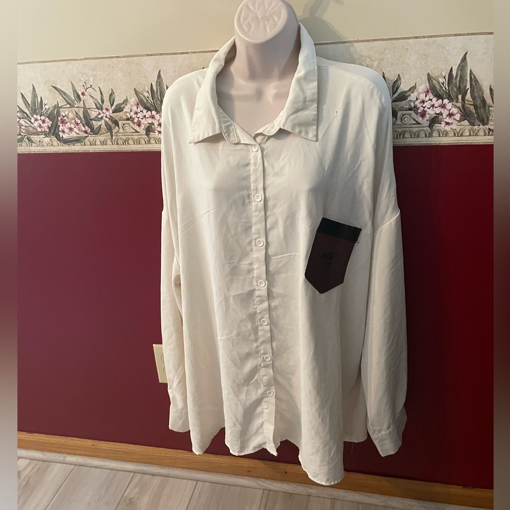 Cream Button-Up Shirt with Brown Pocket Detail